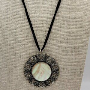 Vintage Mother Of Pearl Sterling Filigree Medallion Pendant Cord Necklace 18"